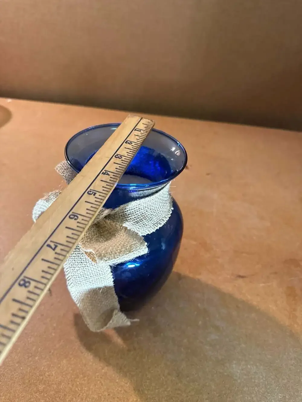 Cobalt Blue Glass Vase with Burlap Ribbon Accent